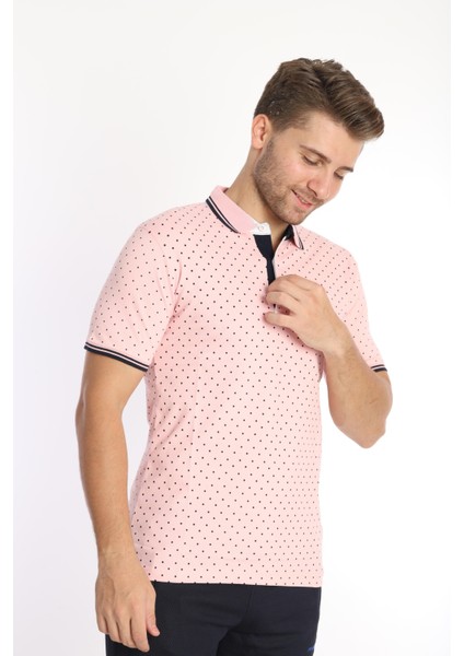 Erkek Pembe Amerikan Pike Kumaş Puantiye Model Polo Yaka Kısa Kol T-Shirt - 13