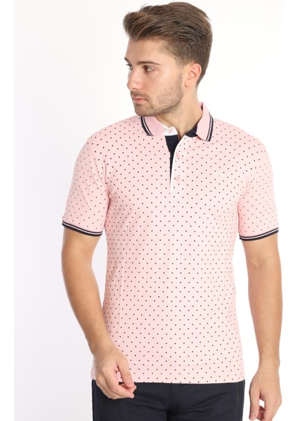 Erkek Pembe Amerikan Pike Kumaş Puantiye Model Polo Yaka Kısa Kol T-Shirt - 13