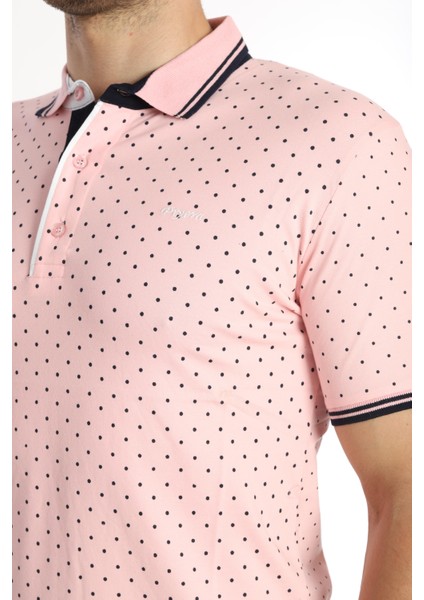 Erkek Pembe Amerikan Pike Kumaş Puantiye Model Polo Yaka Kısa Kol T-Shirt - 13