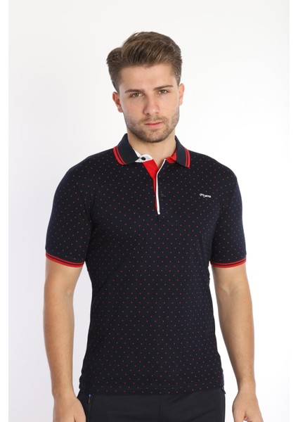 Erkek Lacivert Kırmızı Amerikan Pike Kumaş Puantiye Model Polo Yaka Kısa Kol T-Shirt - 13