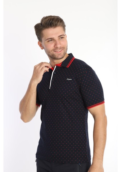 Erkek Lacivert Kırmızı Amerikan Pike Kumaş Puantiye Model Polo Yaka Kısa Kol T-Shirt - 13