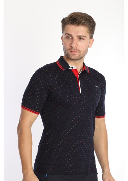 Erkek Lacivert Kırmızı Amerikan Pike Kumaş Puantiye Model Polo Yaka Kısa Kol T-Shirt - 13