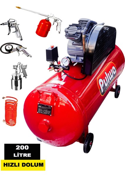 Bakır Sargı 200 Litre 8 Bar / 3 Hp Hızlı Dolum Çift Pistonlu Yağlı Sesli Kompresör Havalı Set