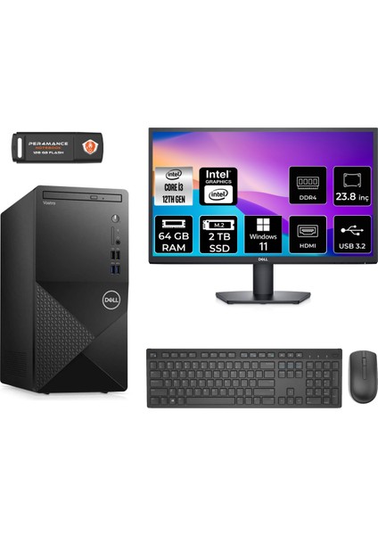 Vostro 3910MT Intel Core I3 12100 64GB 2tb SSD 23.8" Fhd Monitör W11H N3563VDT3910 Masaüstü Bilgisayar & Per4 USB Bellek N3563VDT3910MNT399