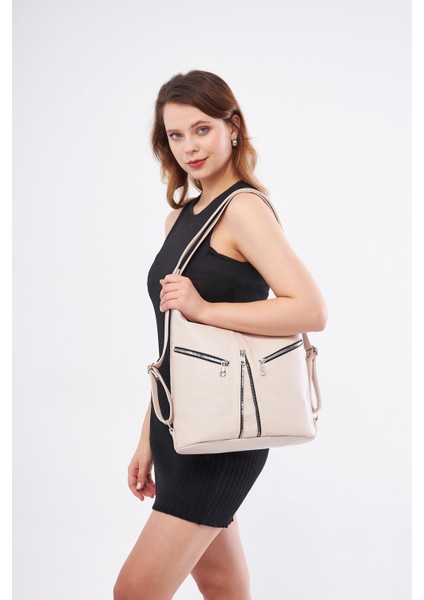 Hakiki Deri Kadın Siyah Sırt ve Omuz Çantası DKB501 Bej