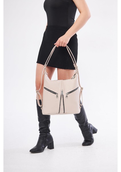 Hakiki Deri Kadın Siyah Sırt ve Omuz Çantası DKB501 Bej modelleri