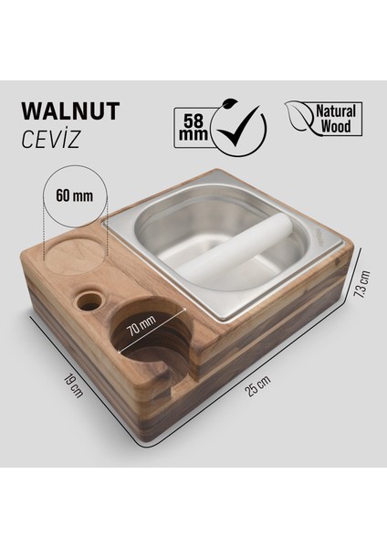 Craftworkce 58MM. Ahşap Tamping Istasyonu ve Kahve Posa Kabı - Knockbox Set 4 In 1(Ceviz ve Gürgen Seçenekleriyle)
