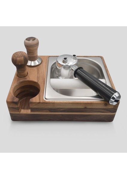 Craftworkce 58MM. Ahşap Tamping Istasyonu ve Kahve Posa Kabı - Knockbox Set 4 In 1(Ceviz ve Gürgen Seçenekleriyle)