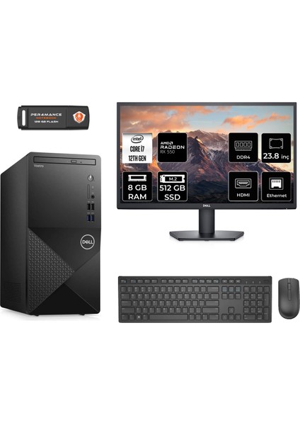 Vostro 3910MT Intel Core I7 12700 8gb 512GB SSD RX550/4GB 23.8" Fhd Monitör Fdos N7598VDT3910 Masaüstü Bilgisayar & Per4 USB Bellek N7598VDT3910MNT1302
