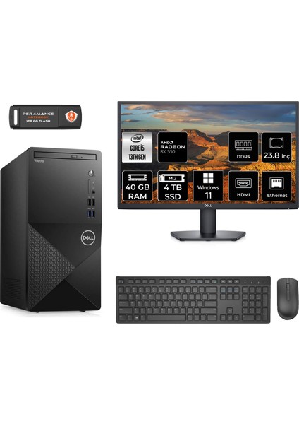 Vostro 3020 Intel Core I5 13400 40GB 4tb SSD RX550/4GB 23.8" Fhd Monitör W11P N2054VDT3020MTU Masaüstü Bilgisayar & Per4 USB Bellek N2054VDT3020MTUMNT1440