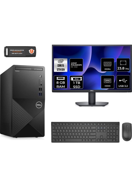 Vostro 3910MT Intel Core I5 12400 8gb 1tb SSD RX550/4GB 23.8" Fhd Monitör Fdos N7519VDT3910 & Masaüstü Bilgisayar & Per4 USB Bellek N7519VDT3910MNT1303