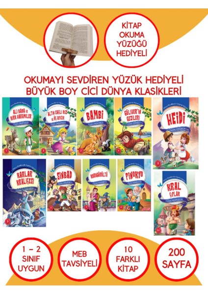 1. ve 2. Sınıf Çocuklar Için Büyük Boy Dünya Klasikleri Dizisi 10 Cici Kitap