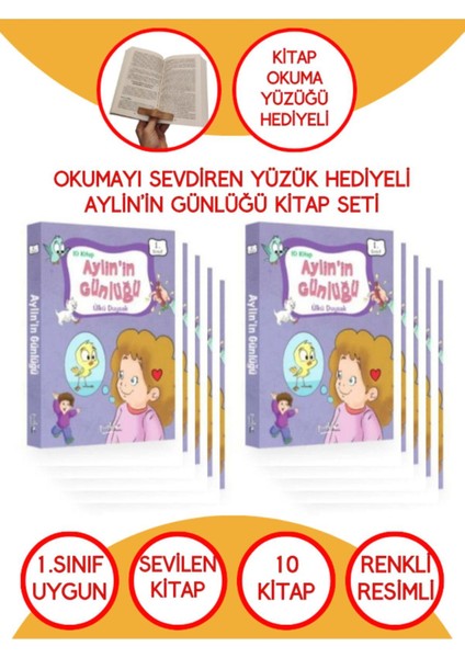 1. Sınıf Aylin'in Günlüğü 10 Kitaplık Set Kitap Okuma Yüzüğü Hediyeli