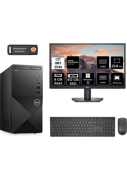 Vostro 3910MT Intel Core I7 12700 8gb 512GB SSD RX550/4GB 23.8" Fhd Monitör W11H N7598VDT3910 Masaüstü Bilgisayar & Per4 USB Bellek N7598VDT3910MNT1352