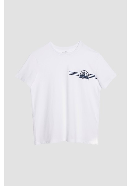 Erkek Slim Fit Dar Kesim %100 Pamuk Yumuşak Dokulu Baskılı Beyaz Bisiklet Yaka Tişört