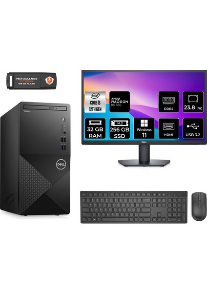 Vostro 3910MT Intel Core I3 12100 32GB 256GB SSD RX550/4GB 23.8" Fhd Monitör W11H N3563VDT3910 Masaüstü Bilgisayar & Per4 USB Bellek N3563VDT3910MNT1376