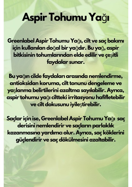 Green Label Aspir Tohumu Yağı Soğuk Sıkım %100 Doğal Ve Saf 180ml