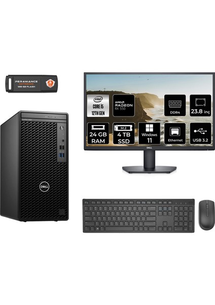 Optiplex 3000MT Intel Core I5 12500 24GB 4tb SSD RX550/4GB 23.8" Fhd Monitör W11P N010O3000MTAC Masaüstü Bilgisayar & Per4 USB Bellek N010O3000MTACMNT1425