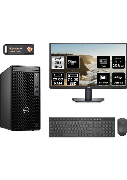 Optiplex 3000MT Intel Core I5 12500 20GB 512GB SSD RX550/4GB 23.8" Fhd Monitör Fdos N010O3000MTAC Masaüstü Bilgisayar & Per4 USB Bellek N010O3000MTACMNT1317