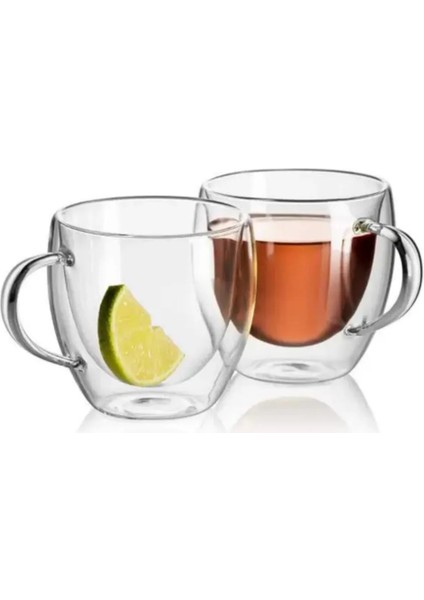 Neskafe Çay Fincanı Çift Cidarlı Cam Kupa 250 ml Kulplu Cam Bardak 3 Adet 2037