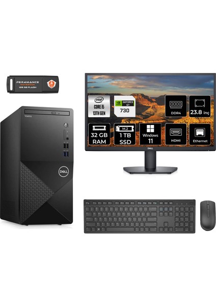 Vostro 3020 Intel Core I5 13400 32GB 1tb SSD GT730/4GB 23.8" Fhd Monitör W11H N2050VDT3020MTU Masaüstü Bilgisayar & Per4 USB Bellek N2050VDT3020MTUMNT2378