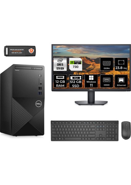 Vostro 3020 Intel Core I5 13400 12GB 512GB SSD GT730/4GB 23.8" Fhd Monitör W11P N2050VDT3020MTU Masaüstü Bilgisayar & Per4 USB Bellek N2050VDT3020MTUMNT2407