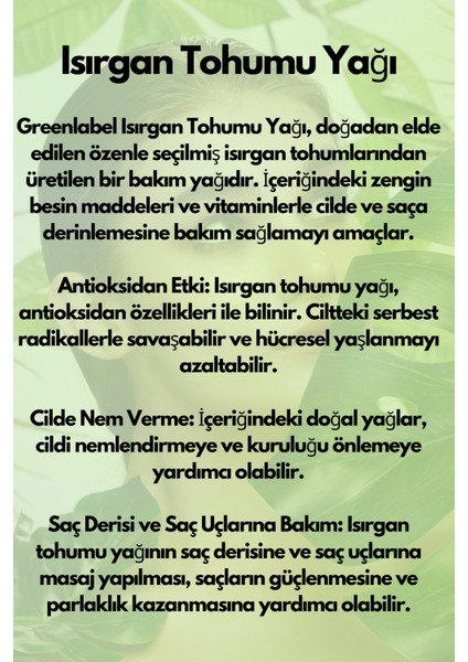 Green Label Isırgan Tohumu Yağı Soğuk Sıkım %100 Doğal Ve Saf 20ml