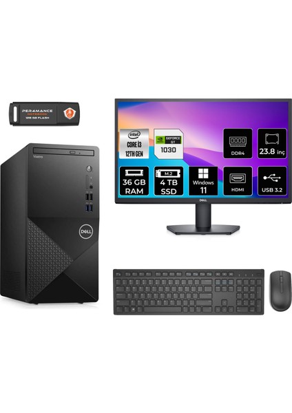 Vostro 3910MT Intel Core I3 12100 36GB 4tb SSD GT1030/4GB 23.8" Fhd Monitör W11H N3563VDT3910 Masaüstü Bilgisayar & Per4 USB Bellek N3563VDT3910MNT3385