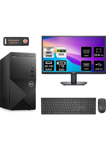 Vostro 3910MT Intel Core I3 12100 20GB 1tb SSD GT1030/4GB 23.8" Fhd Monitör Fdos N3563VDT3910 Masaüstü Bilgisayar & Per4 USB Bellek N3563VDT3910MNT3318