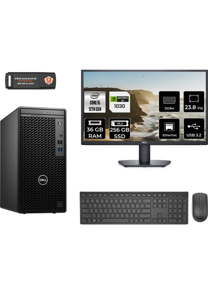 Optiplex 3000MT Intel Core I5 12500 36GB 256GB SSD GT1030/4GB 23.8" Fhd Monitör Fdos N010O3000MTAC Masaüstü Bilgisayar & Per4 USB Bellek N010O3000MTACMNT3331