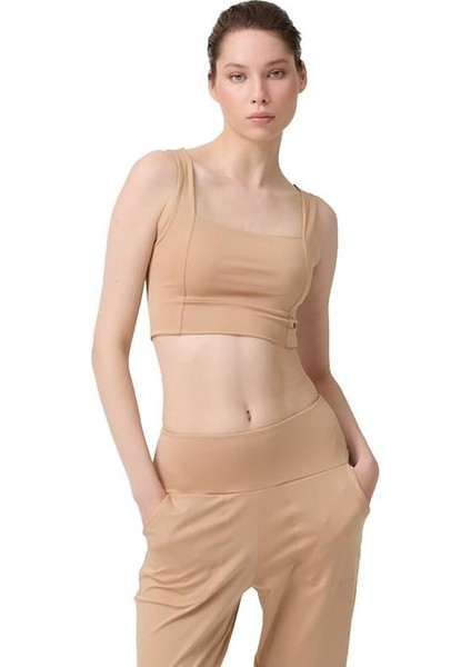 Bej Kare Yaka Crop Top Büstiyer