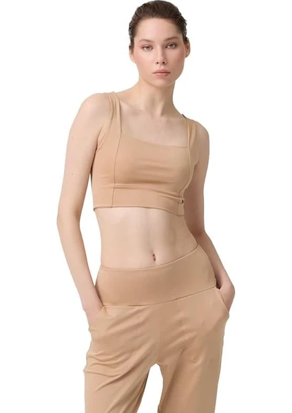 Bej Kare Yaka Crop Top Büstiyer