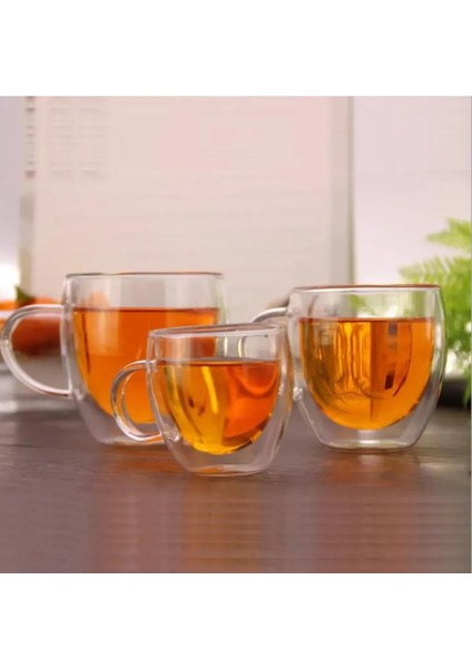Neskafe Çay Fincanı Çift Cidarlı Cam Kupa 250 ml Kulplu Cam Bardak 4 Adet 2037