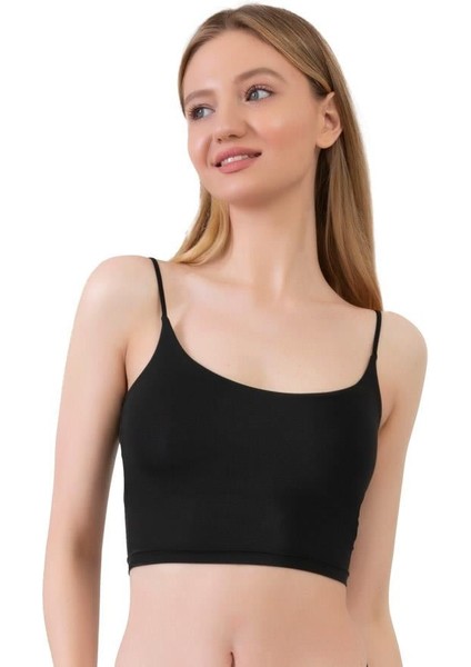 Mikrofiber Dokulu Ince Askılı Siyah Crop Top Büstiyer