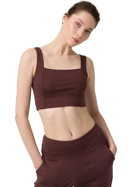 Kahverengi Kare Yaka Crop Top Büstiyer