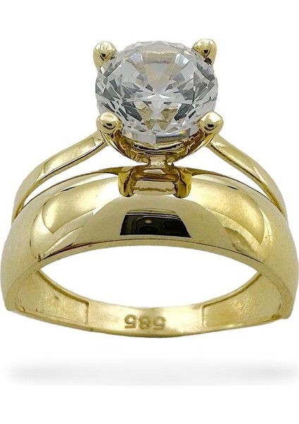 7 mm Zircon Tek Taş Düz Bombe Yarım Tur Alyans Ikili Altın Yüzük