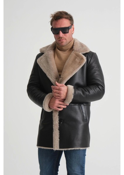 Lüks Erkek Deri Kaban, 90 cm Uzunluk, Hakiki Kürk Yaka, Premium Siyah Dış Yüzey - 500522