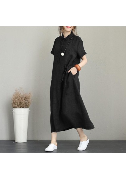 Keten Günlük Kısa Kol Tam Boy Yazlık Salaş Kadın Elbise LN245SIYAH4
