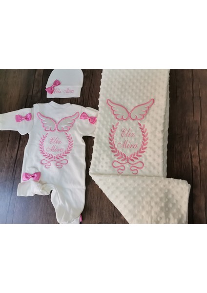 Isme Özel Nakışlı Bebek Battaniyesi ve Bebek Tulumu Isimli