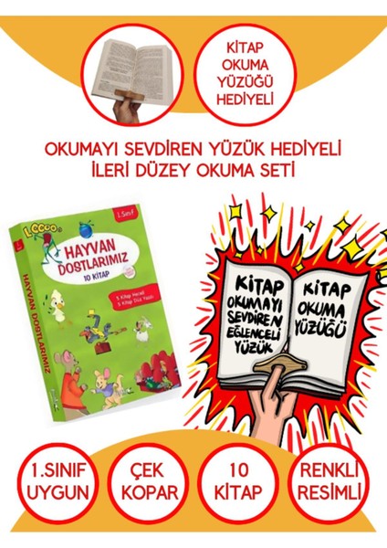 1. Sınıf Hayvan Dostlarımız 10 Kitaplık Set Kitap Okuma Yüzüğü Hediyeli