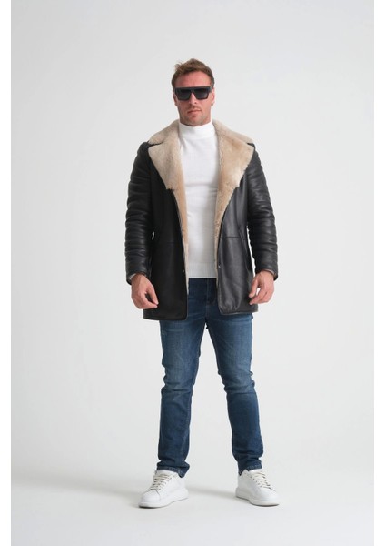 Deri Kaban, Erkek Içi Kaban, 90 cm Uzun Kaban Yaka, Premium Siyah