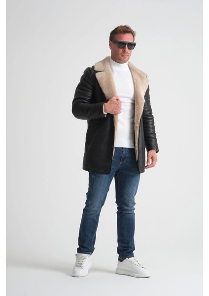 Deri Kaban, Erkek Içi Kaban, 90 cm Uzun Kaban Yaka, Premium Siyah