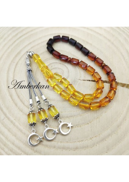 Damla Kehribar 33’lük Gümüş Püsküllü Tesbih – Elmas Kapsül Kesim – Süzme Renk – 6-7,70 mm modelleri