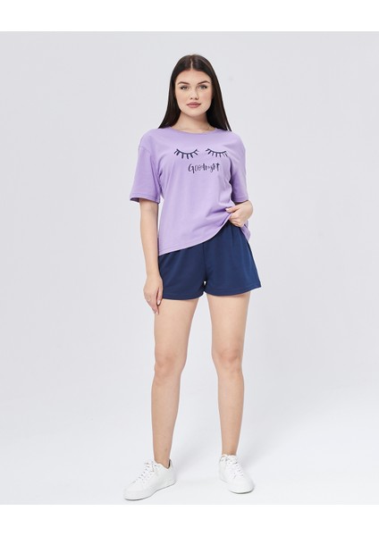 Penye Pamuklu Kısa Kollu Baskılı Kadın Şortlu Yazlık Pijama Takımı