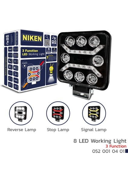 Niken Off Road Sis Lambası Çalışma Lambası Pro 8 LED Kare 3 Fonksiyonlu