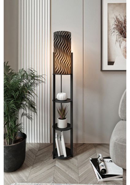 Dora Siyah Yuvarlak Raflı Wave Modern Dekoratif Lambader