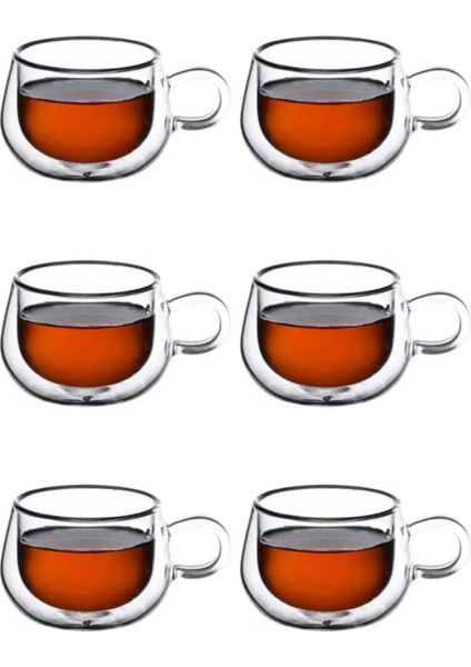 Yeni Tasarım Çift Cidarlı 200 ml Kulplu Cam Bardak, Neskafe Fincanı, Çay Kupası, 6 Adet 2673