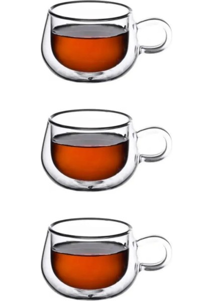 Yeni Tasarım Çift Cidarlı 200 ml Kulplu Cam Bardak, Neskafe Fincanı, Çay Kupası, 3 Adet 2673