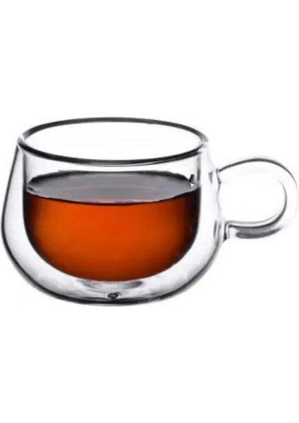 Yeni Tasarım Çift Cidarlı 200 ml Kulplu Cam Bardak, Neskafe Fincanı, Çay Kupası, 3 Adet 2673