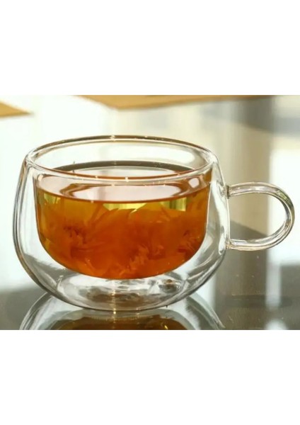 Yeni Tasarım Çift Cidarlı 200 ml Kulplu Cam Bardak, Neskafe Fincanı, Çay Kupası, 3 Adet 2673